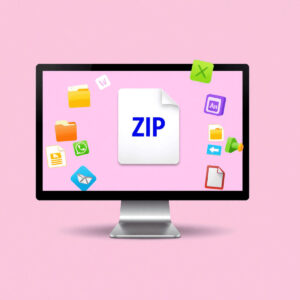 A computer screen shows a ZIP file extraction in progress, surrounded by colorful icons of various file types on a bright, modern background.